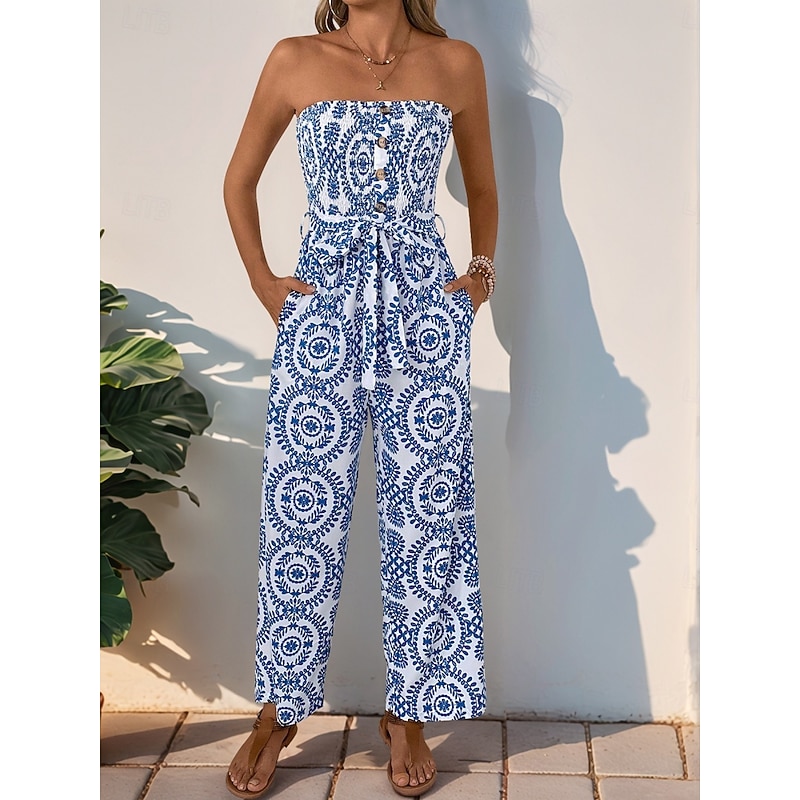 Women's Normal Jumpsuit Active Floral Sleeveless Strapless Backless Pocket Vacation Daily Regular Fit Blue Summer