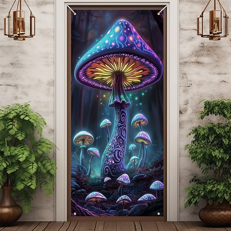 Blacklight Door Decorations Door Covers Glow in the Dark Landscape Mushroom Door Tapestry Door Curtain Decoration Backdrop Indoor/Outdoor Door Banner for Front Door Farmhouse2