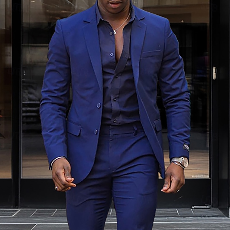 Men's Business Casual Suits Notch Lapel Royal Blue Fashion Daily Solid Colored Standard Fit 2 Piece Single Breasted Two-buttons2