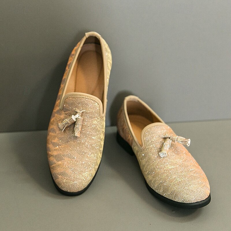 Men's Beige Herringbone Pattern Slip-On Loafers with Tassel Detail – Casual Elegance for Work, Weddings and Formal Occasions4