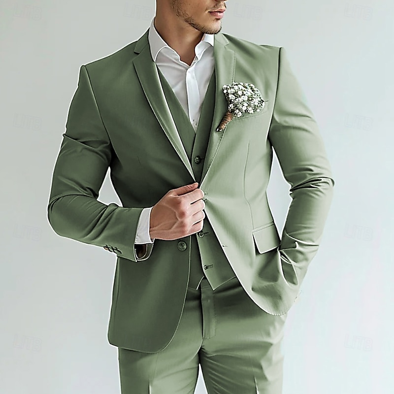 Men's Wedding Business Suits Notch Lapel Sage Fashion Solid Colored Standard Fit 3 Piece Single Breasted Two-buttons