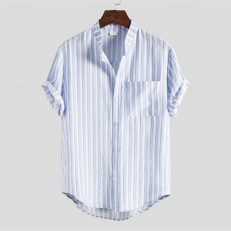 Men's Shirt Summer Shirt Casual Shirt Beach Shirt Button Up Shirt Light Blue Short Sleeve Stripe Grandad Collar Lapel Vacation Hawaiian Clothing Apparel Fashion Casual Comfortable