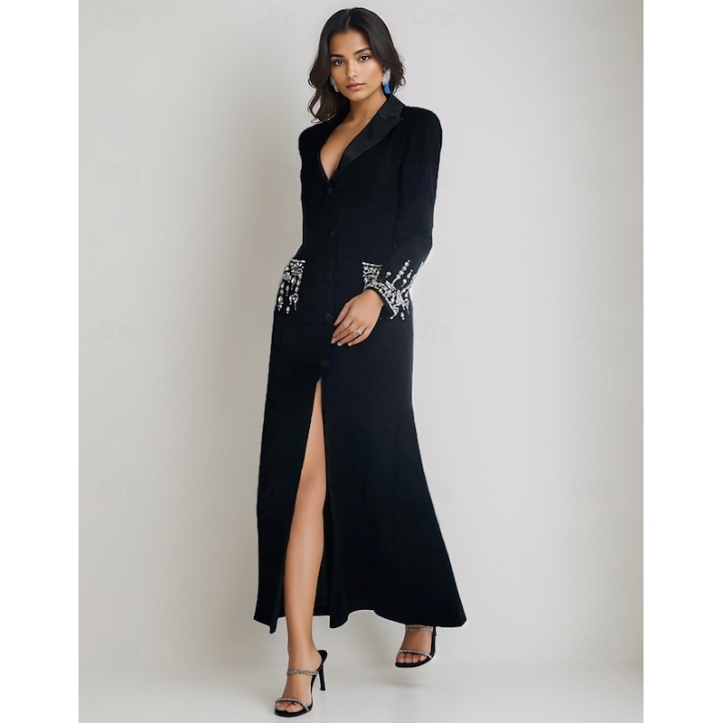 Tuxedo Dress A-Line Wedding Guest Stretch Crepe Elegant Long Sleeve Ankle Length Split Thigh Peak Lapel Single Breasted3