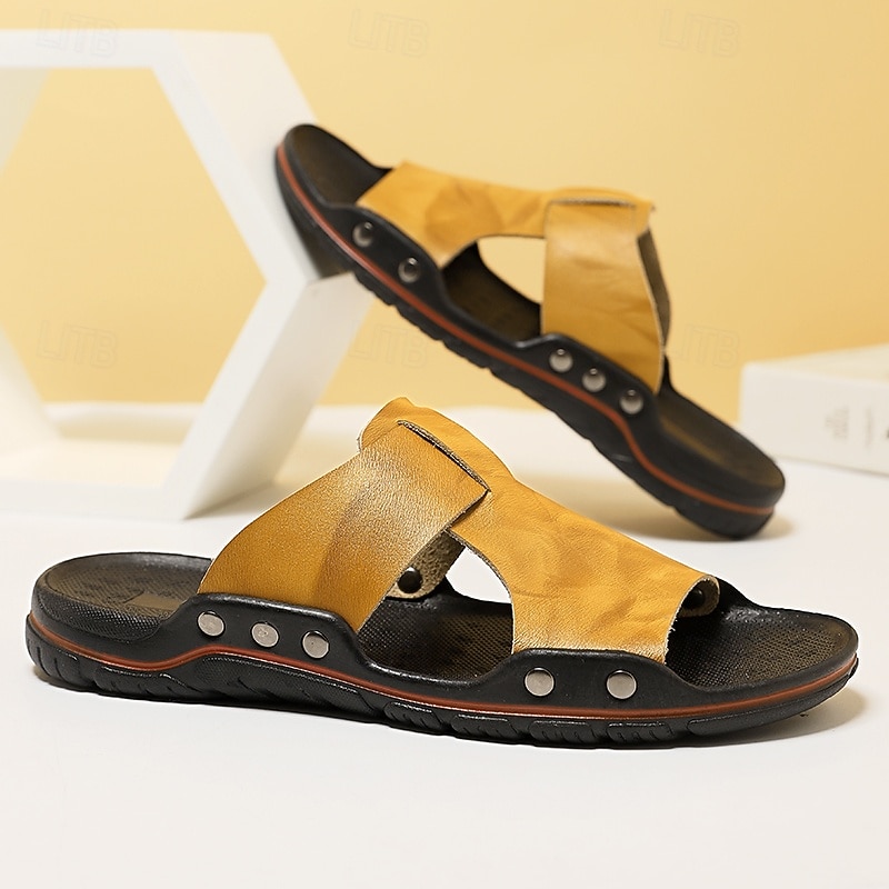 Men's Casual Yellow Leather Slip-On Sandals with Studded Details, Comfortable Outdoor Footwear for Summer4