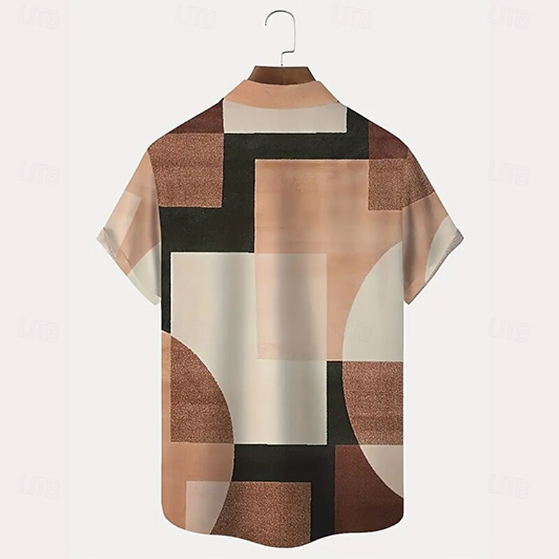 Men's Geometric Color Block Patchwork Shirt Button Up Shirt Short Sleeve Fashion Casual Vacation Casual Holiday Summer Turndown 3D Print Collared Shirts Front One Pocket Blue Purple Brown4
