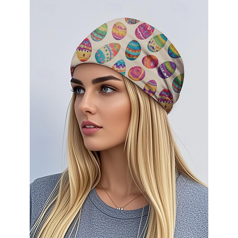 Women's Easter Egg Print Lightweight Breathable Beanie Cap - Can  be worn as a neck gaiter, soft and stretchy fabric, suitable for casual and festive wear, perfect for spring and holiday celebrations4