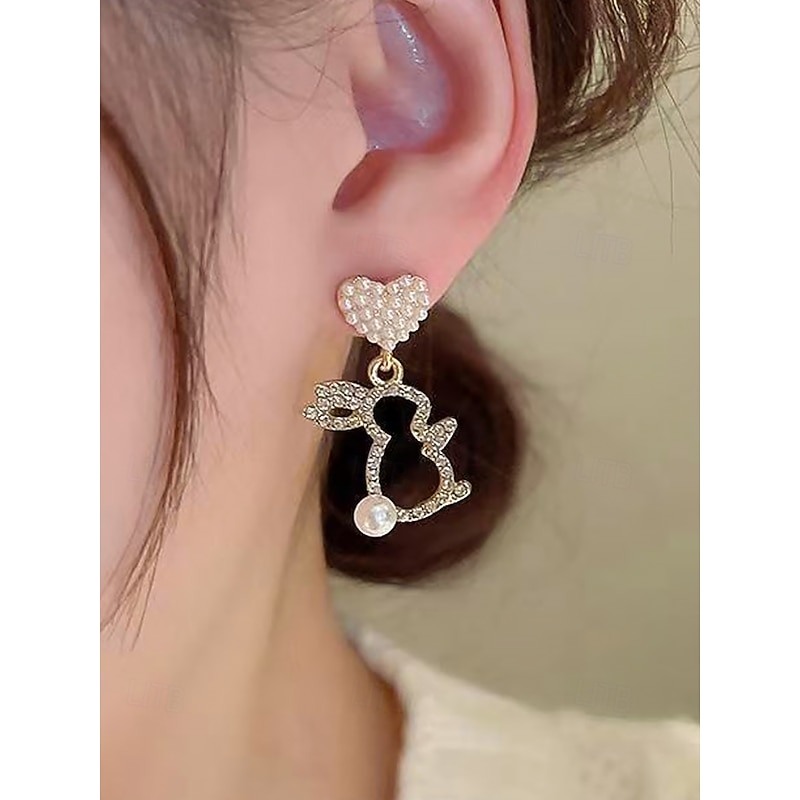 Women's Easter Bunny Rabbit Earrings - Heart design with crystal details and pearl embellishments, lovely gold plated women's earrings, perfect for Easter, spring parties and casual outings3