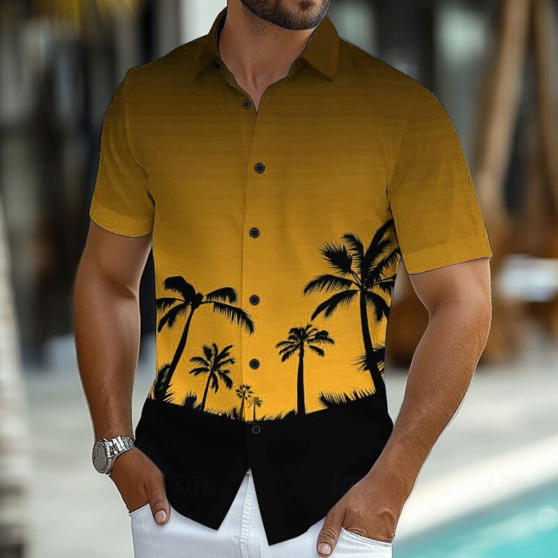 Men's Coconut Tree Tropical Plants Summer Hawaiian Shirt Button Up Shirt Aloha Shirt Short Sleeve Hawaiian Resort Vacation Holiday Beach Wear Summer Spring Turndown Collared Shirts Yellow Blue Green3