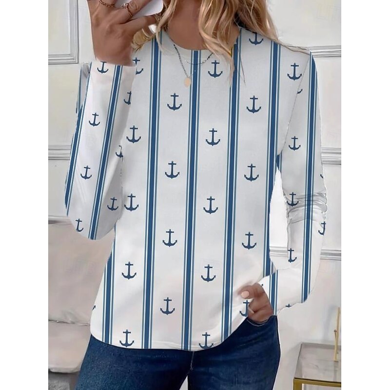 Women's T shirt Crew Neck Long Sleeve Tunic Ocean Casual  Regular Tops Daily Going out Weekend Print Blue Light Blue4