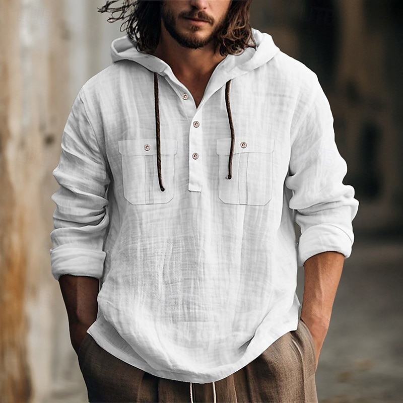 Men's Shirt Linen Shirt Summer Shirt Beach Shirt Hooded Shirt Plain Casual Daily Black White Blue Brown Long Sleeve Hooded Spring & Summer Clothing Apparel