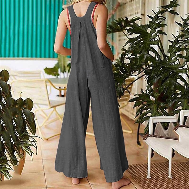 Women's Normal Jumpsuit Streetwear Solid Color Sleeveless Sleeveless Square Neck Buttons Pocket Street Daily Regular Fit Red Khaki Gray Summer3