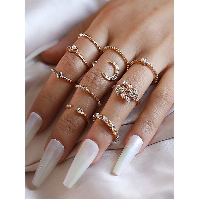 Gold-Plated Stacking Rings Set for Women – Rhinestone and Pearl-Embellished Adjustable Rings, Trendy Boho Style for Casual and Formal Occasions3