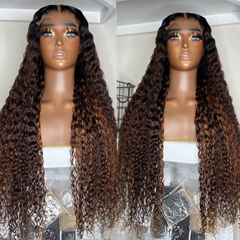 Remy Human Hair 5x5 Closure 13x4 Lace Front Wig Middle Part Brazilian Hair Curly Brown Wig 130% 150% Density Ombre Hair Glueless Pre-Plucked For Women Long Human Hair Lace Wig
