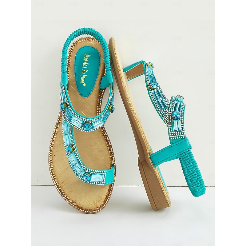 Women's Turquoise Rhinestone Embellished T-Strap Sandals – Bohemian Elastic Slingback Flat Sandals for Summer Beach & Casual Wear3