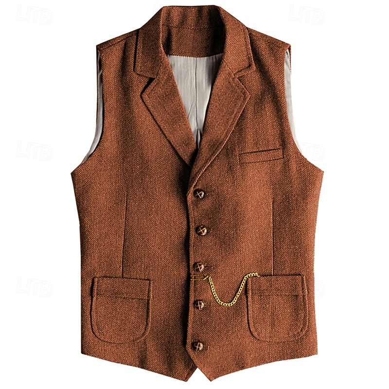 Men's Vest Waistcoat Gilet Vacation Daily Wedding Party Date Fashion Casual Spring Fall Buttons Pocket Polyester Comfortable Plain Single Breasted One-button Lapel Regular Fit Champagne Burgundy Navy