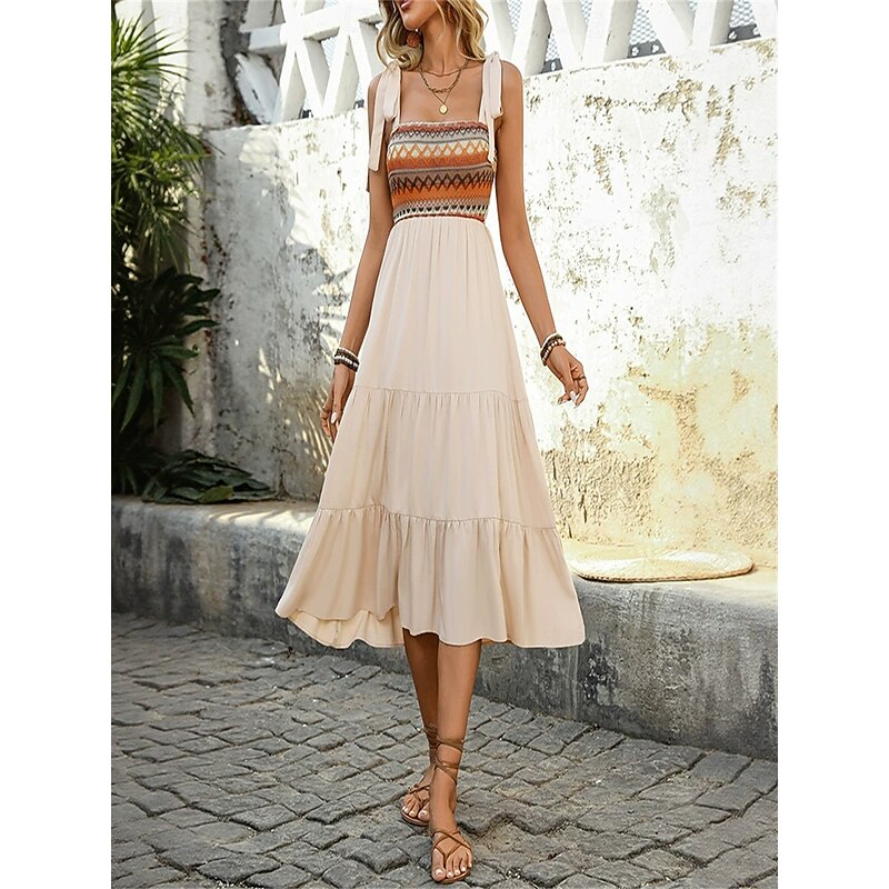 Women's Midi Dress Summer Dress Elegant Stylish Flowy Vacation Home Date Loose Fit Graphic Sleeveless Strap Apricot Summer2
