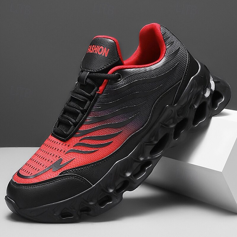 Men's Fashion Running Sneakers, Breathable Mesh with Bold Red and Black Design, Lightweight and Comfortable Sports Shoes for Casual and Outdoor Activities