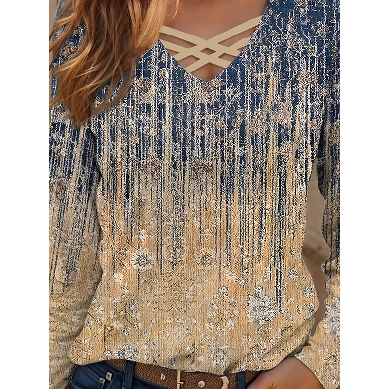 Women's T shirt Long Sleeve Graphic Gradient Casual Long Sleeve V Neck Regular Tops Daily Cut Out Print Khaki Spring Fall Prefall3