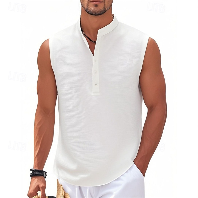 Men's Button T Shirt T Shirt Henley Shirt Tee Sleeveless Henley Summer Plain Fashion Designer Basic Buttons Vacation Street Going out Lake blue Black White Top Tee for Men2