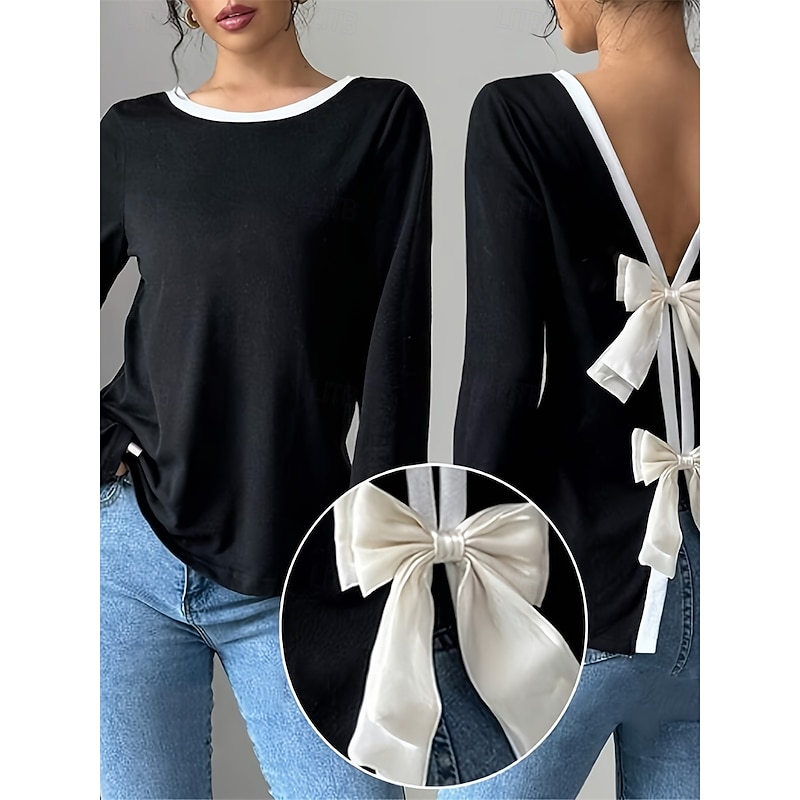 Women's Blouse Solid Color Stylish Casual Long Sleeve Crew Neck Regular Tops Daily Holiday Going out Backless Black Spring Fall Winter2