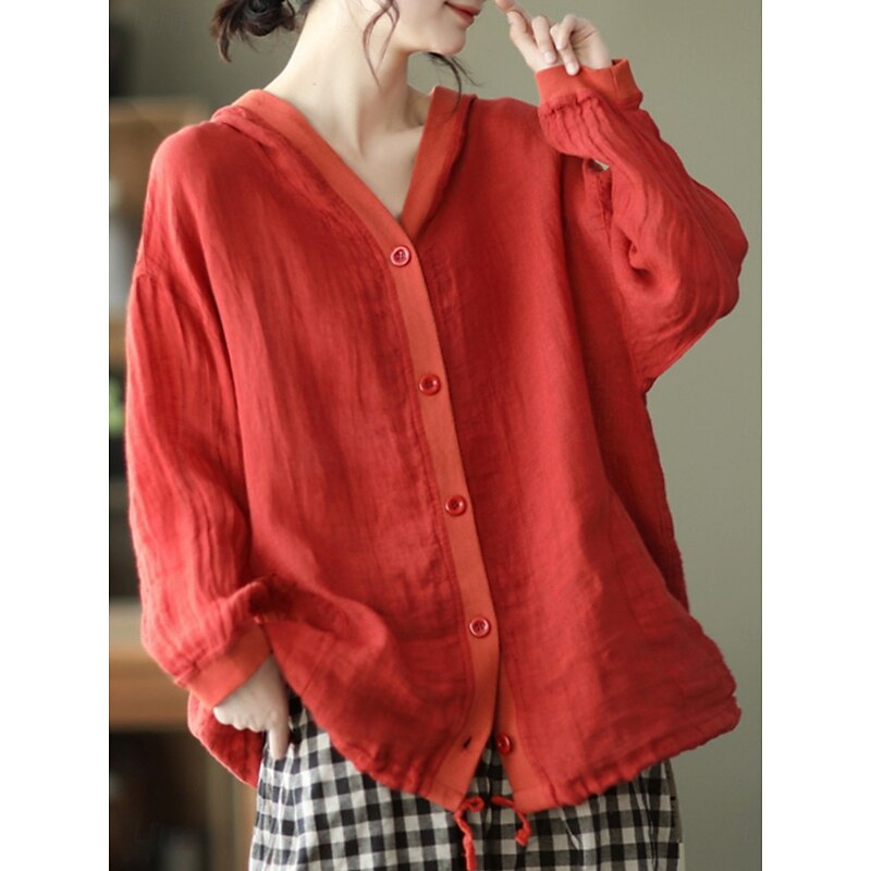 Women's Shirt Cotton Linen Shirts Button Up Blouse Solid Color Basic Casual Long Sleeve Hooded Regular Tops Daily Buttons White Red Blue Beige Summer