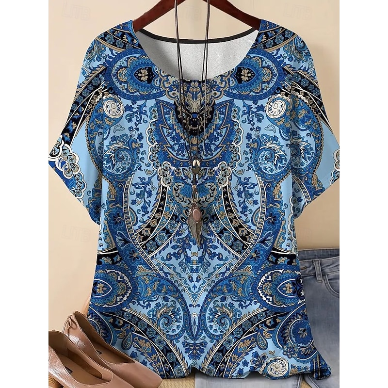 Women's Linen-Inspired Shirts T Shirt Summer Tops Graphic Geometric Vintage Fashion Casual Short Sleeve Round Neck Regular Tops Daily Weekend Patchwork Print Blue Summer Spring