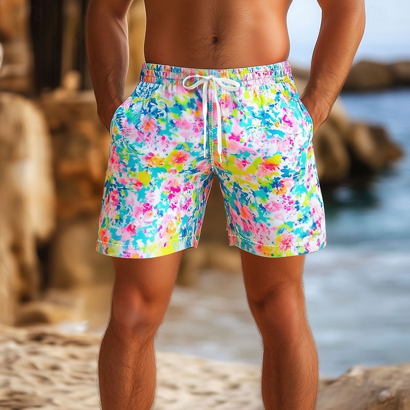 Men's Tie Dye Floral Print Swim Trunks Swim Shorts Board Shorts Mid Waist Hawaiian Casual Vacation Holiday Beach Wear Side Pockets Mesh Lining Elastic Drawstring Waist Designer Clothing Apparel