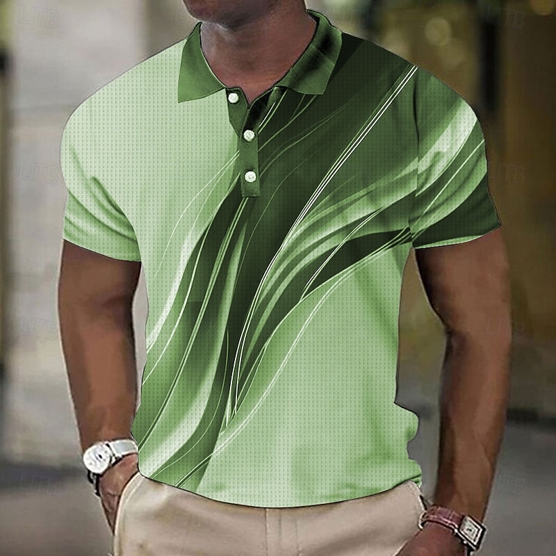 Men's Geometic Line Waffle Polo Shirts Short Sleeve Polo Shirts Collared Shirts Casual Business Casual Outdoor Athleisure Daily Wear Buttons 3D Print Summer Black Blue Purple2