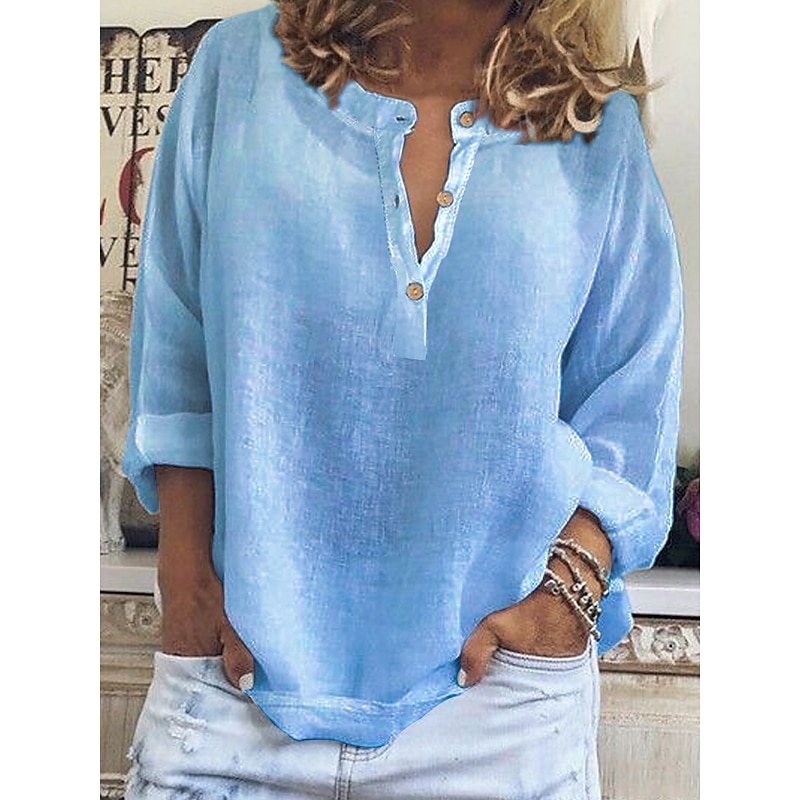 Women's Blouse Cotton Linen Shirts Plain Classic Casual Long Sleeve Bishop Sleeve V Neck Regular Tops Daily Buttons White Blue Purple Khaki Spring4