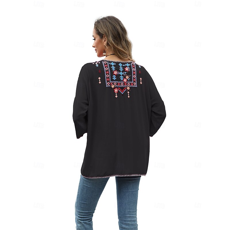 Women's Boho Shirt Solid Color Floral Bohemia Daily Luxurious 3/4 Length Sleeve Elbow Sleeve Crew Neck Regular Tops Work Daily Going out Embroidered Black Yellow Rose Pink Summer2