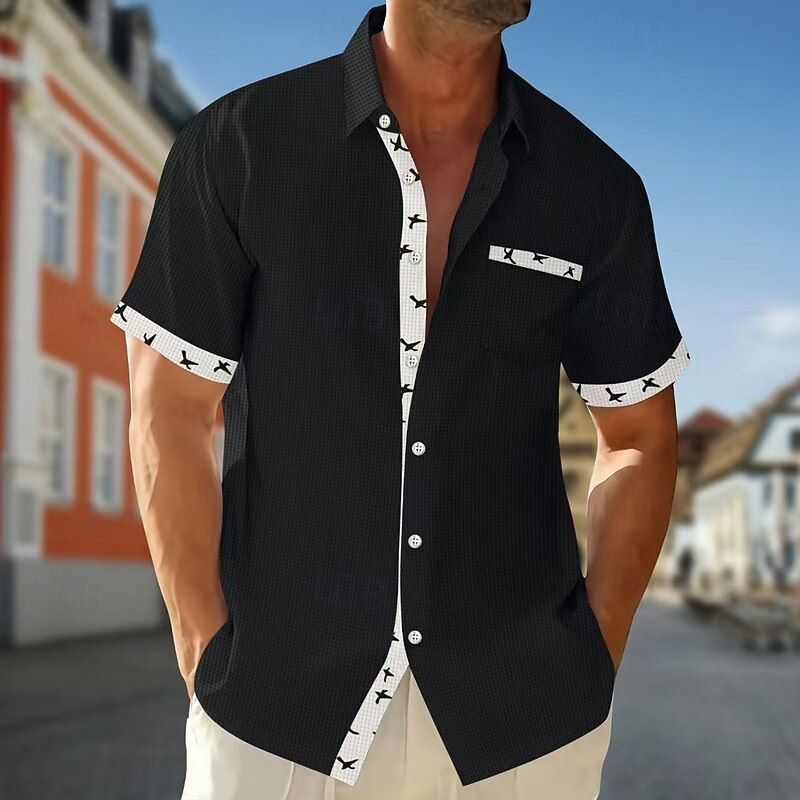 Men's Shirt Waffle Shirt Summer Shirt Casual Shirt Button Up Shirt Black White Red Green Beige Short Sleeve Plain Collar Vacation Daily Clothing Apparel Fashion Casual Comfortable2