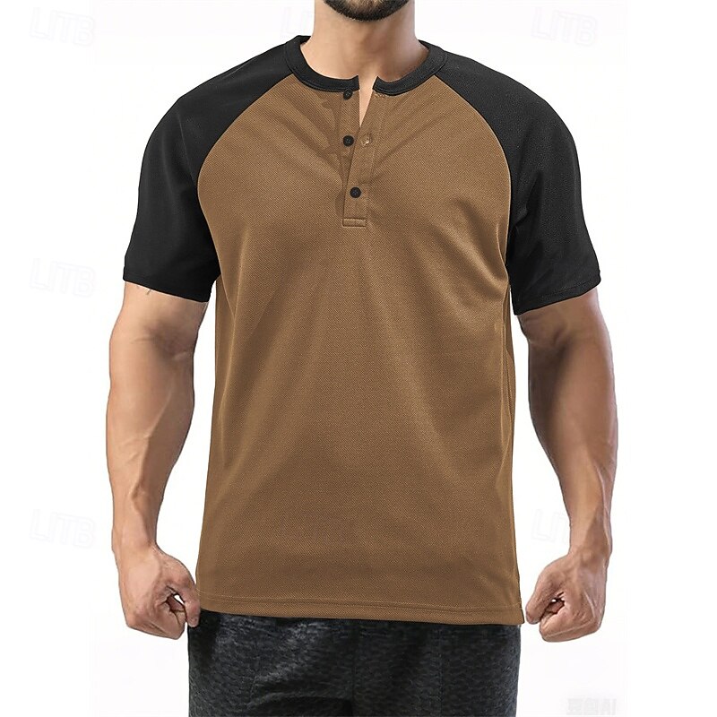 Men's Button T Shirt T Shirt Henley Shirt Tee Short Sleeve Henley Summer Color Block Fashion Designer Basic Patchwork Vacation Street Going out White Wine Camel Top Tee for Men