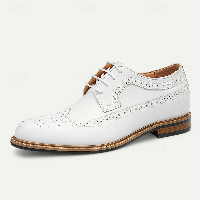 Men's White Premium Cowhide Lace-Up Brogue Shoes with Perforated Detailing, Formal Style for Weddings and Special Events3