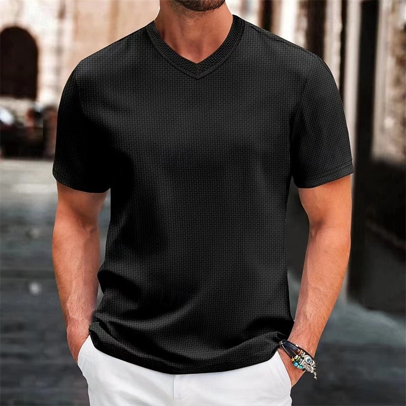 Men's T Shirt Tee Short Sleeve Shirt Tee Top Short Sleeve V Neck Summer Plain Fashion Designer Basic Jacquard Vacation Street Going out Black White Khaki Top Tee for Men2