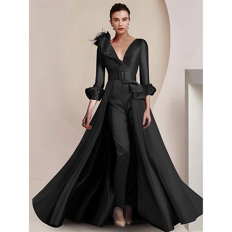 Two Piece Jumpsuit / Pantsuit Mother of the Bride  Formal Wedding Guest Elegant Party V Neck Ankle Length Satin 3/4 Length Sleeve with Feather Sash / Ribbon free custom size4