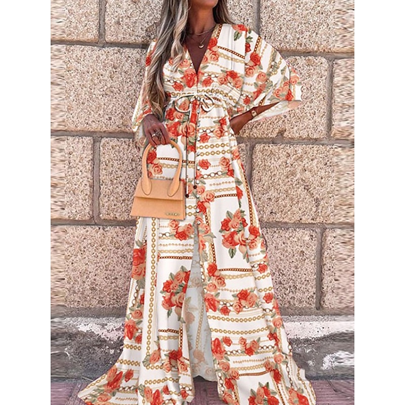 Women's Maxi Dress Wrap Dress Sundress A Line Dress Fit And Flare Dress Vacation Vacation Daily Regular Fit Floral Long Sleeve V Neck Pink Orange Green Dark Blue Summer4