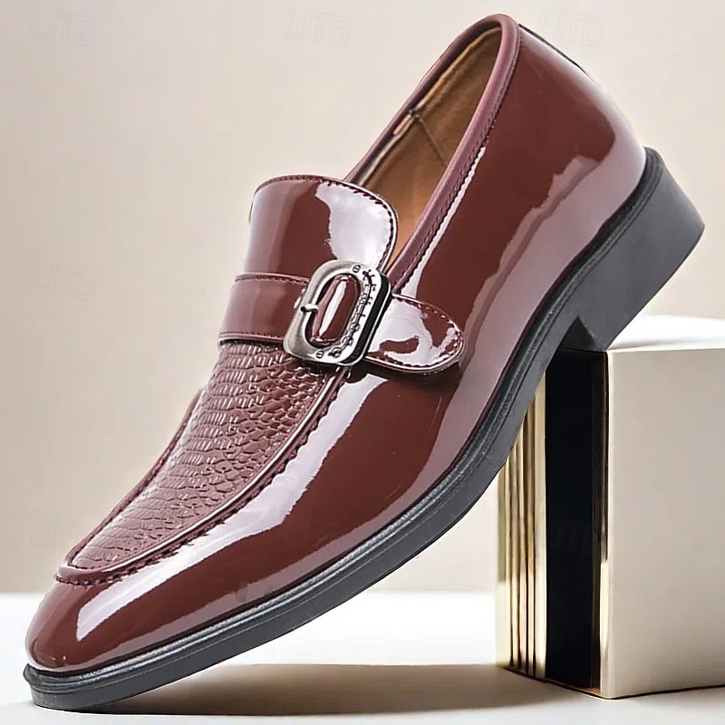 Men's Patent Leather Burgundy Loafers with Crocodile Texture and Buckle Detail – Elegant Slip-On Shoes for Formal Occasions and Business Wear