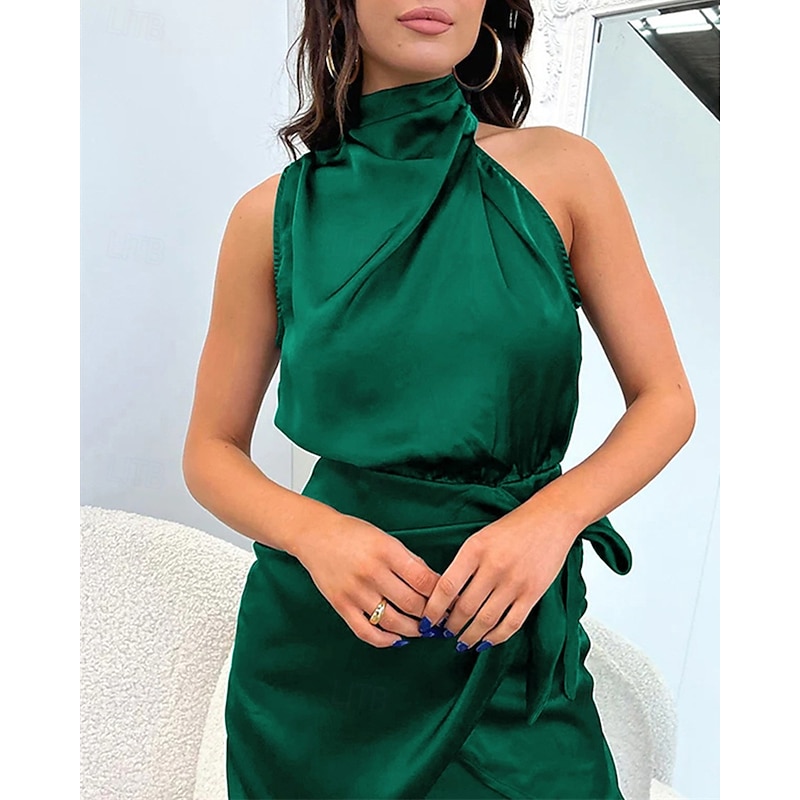 Women's Mini Dress White Dress Casual Dress Satin Dress Summer Dress Elegant Casual Vacation Daily Date Regular Fit Plain Sleeveless Turtleneck Black Dark Green Khaki Summer Spring3