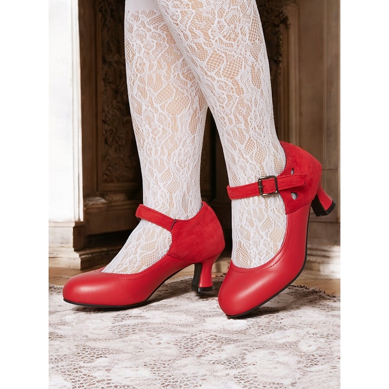 Women's Vintage Gatsby Mary Jane Heels-Faux Leather & Suede Mid Heel Pumps with Buckle Strap for Retro Formal & Dance Wear