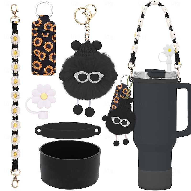 Stanley Cup Hand-woven Handle Flower Straw Cap Lipstick Set Coal Ball Pixie Glitter Silicone Cup Set4