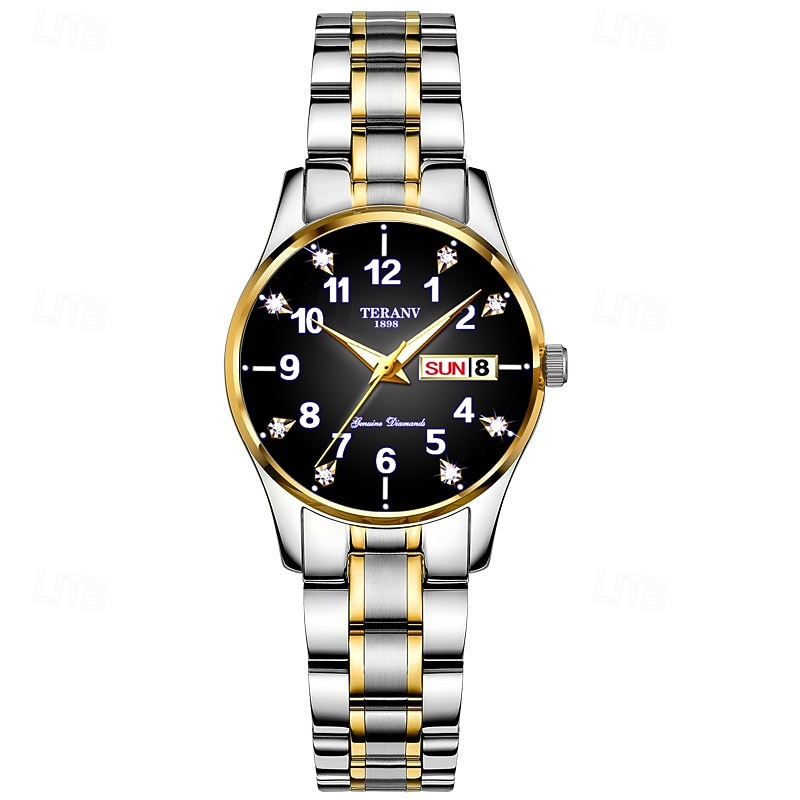 New Rhinestone Encrusted Round Dial Ladies Fashion Watch Waterproof Luminous Calendar Week Display Alloy Strap Multi-Function Business Quartz Watch Suitable For Travel And Leisure Ladies Sports Wa2