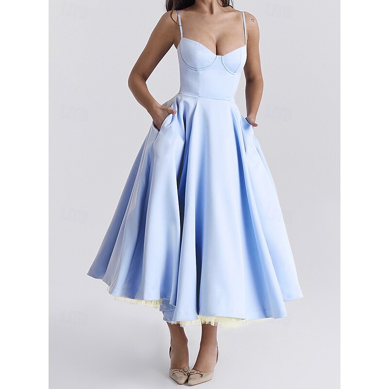 Retro Vintage 1950s Midi Dress Flare Dress Spaghetti Strap Corset Solid Color A-Line Fancy Dress Women's Masquerade Wedding Vacation Tea Party Adults' Dress