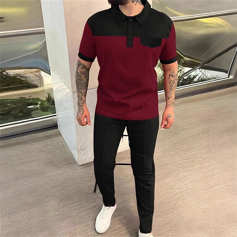 Men's T-shirt Suits Pants Sets 2 Pieces Outfits Short Sleeve Lapel Summer Spring Color Block Fashion Casual 2 Piece Vacation Daily Wear Going out Wine Green khaki Top Tee for Men