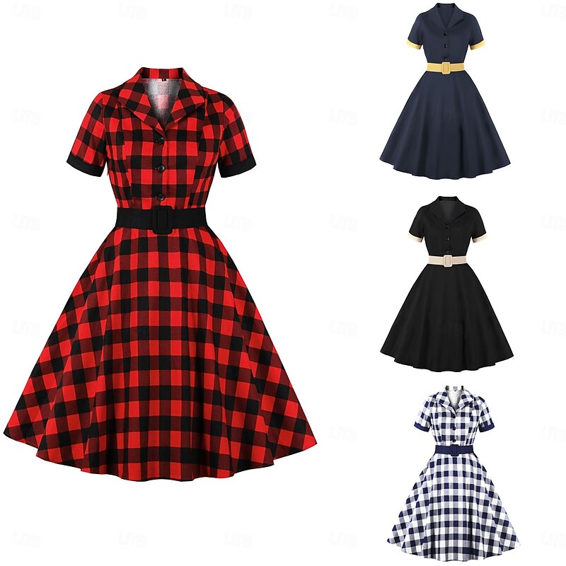 Retro Vintage 1950s Rockabilly Dress Swing Dress Plaid Fancy Dress Women's Carnival Masquerade Daily Wear Bachelorette Party Adults' Dress Homecoming Dresses