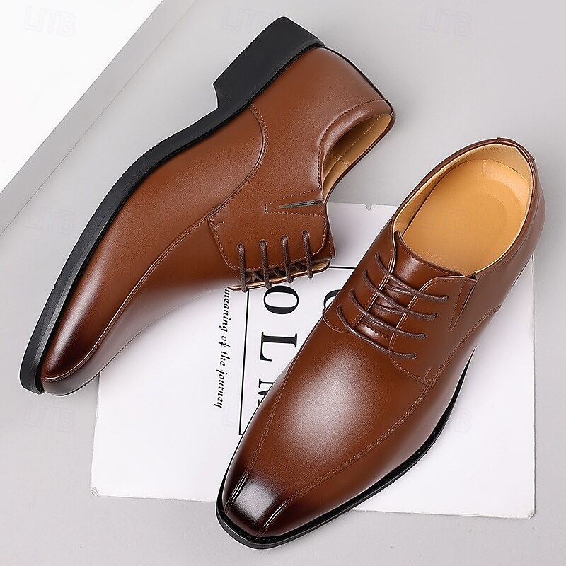 Men's Brown Faux Leather Dress Shoes with Lace-up Design, Elegant Formal Footwear for Office, Weddings  and Special Events2