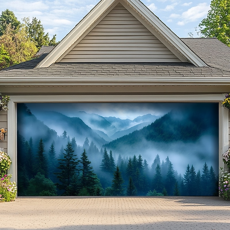 Landscape Misty Forest Door Decorations Garage Door Cover Outdoor Banner Large Backdrop for Holiday Outdoor Garage Door Home Wall Decorations