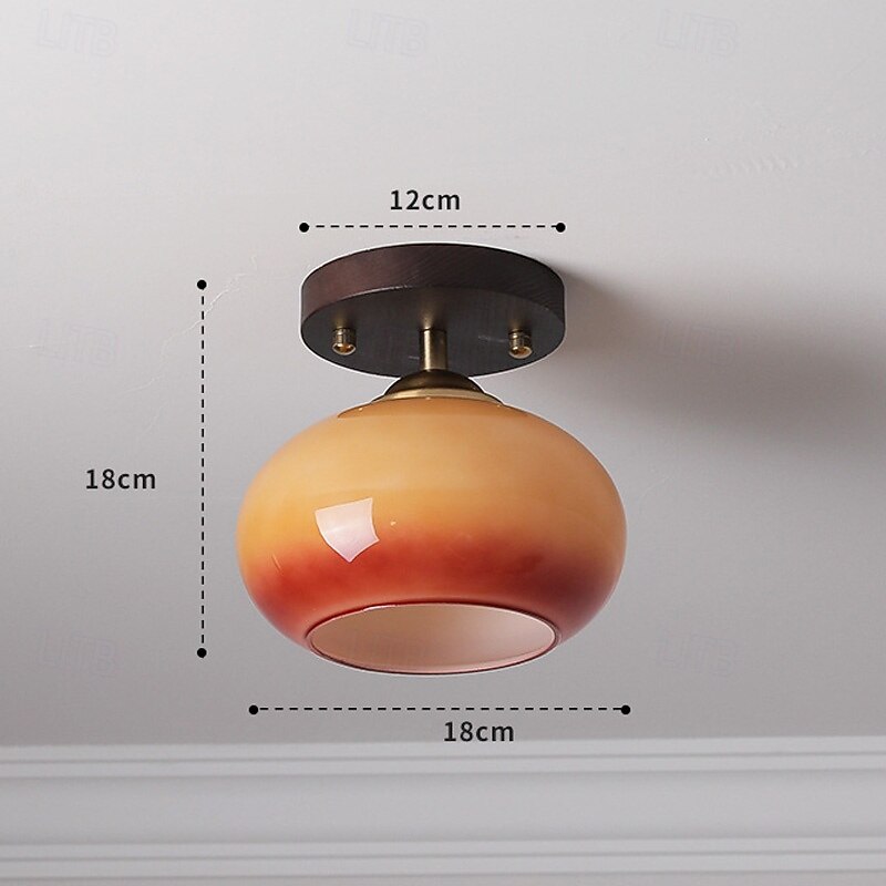 Contemporary Retro Round Oval Dome Wooden Base Glass 1-Light Semi-Flush Mount Ceiling Light For Living Room 110-240V4