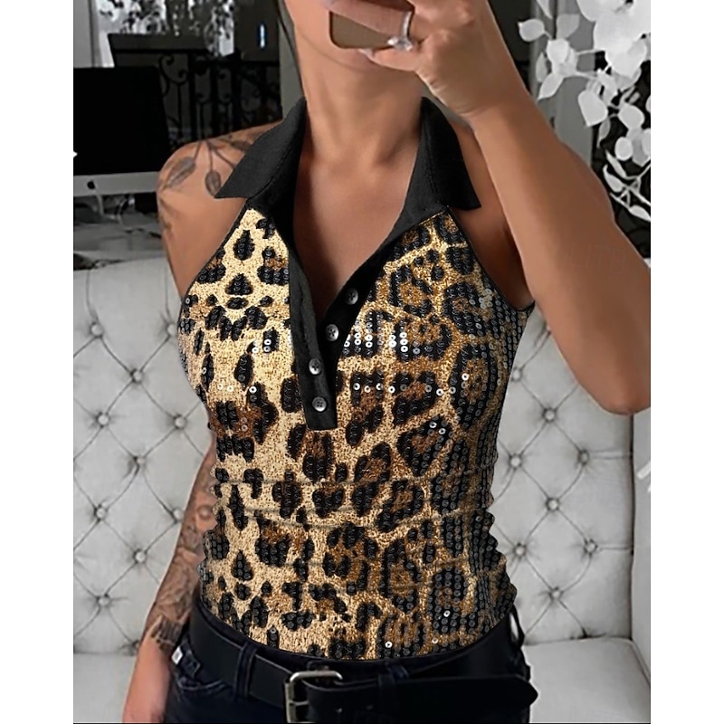 Women's Camisole Tank Top Leopard Rainbow Leopard Buttons Sequin Daily Elegant V Neck Regular Fit S