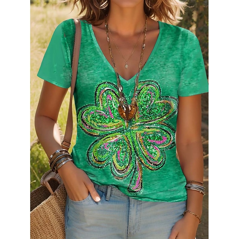 St. Patrick Women's T Shirt Floral Shamrock Stylish Casual Short Sleeve V Neck Regular Tops Daily Print Green Summer
