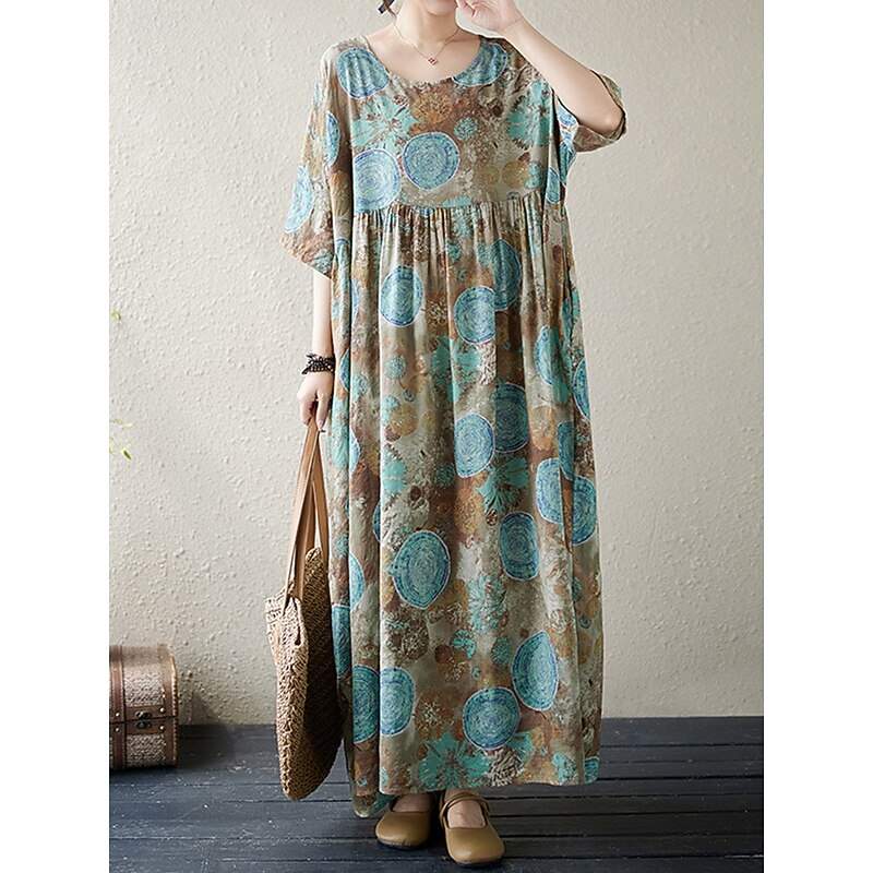 Women's Maxi Dress Cotton Linen Dresses Casual Dress Basic Casual Vacation Daily Regular Fit Graphic Half Sleeve Crew Neck Red Green Summer4